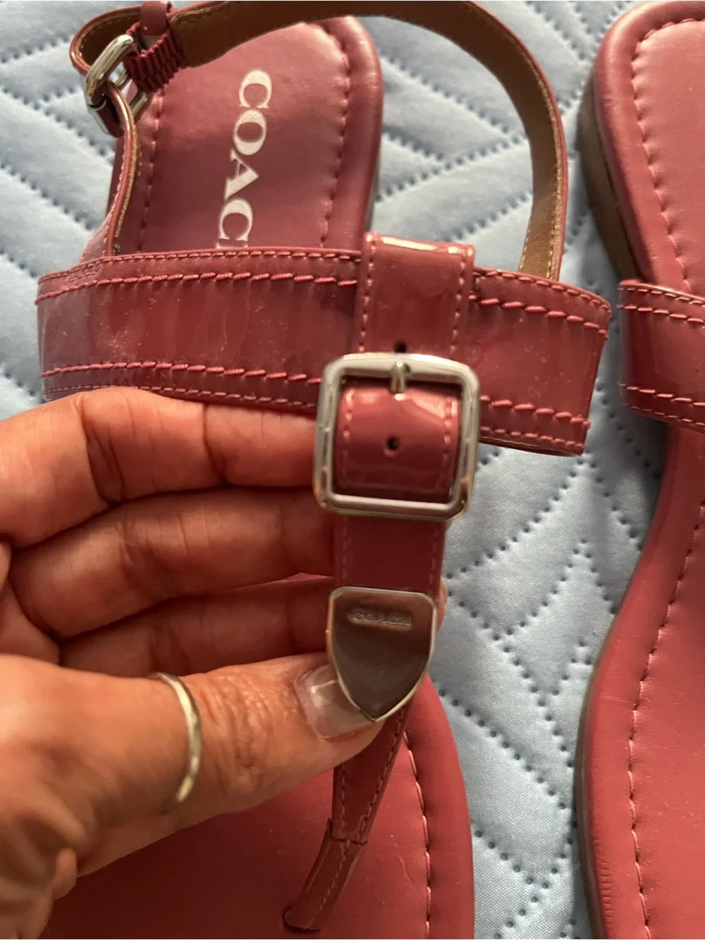 COACH Coral Pink Leather T-Strap Sandals with Gold Hardware